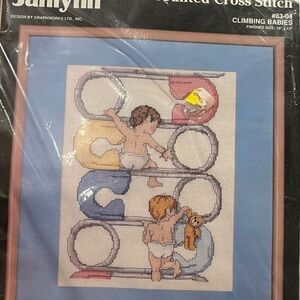 VTG Janlynn Climbing Babies Safety Pins Counted Cross Stitch Kit‎ Nursery Decor